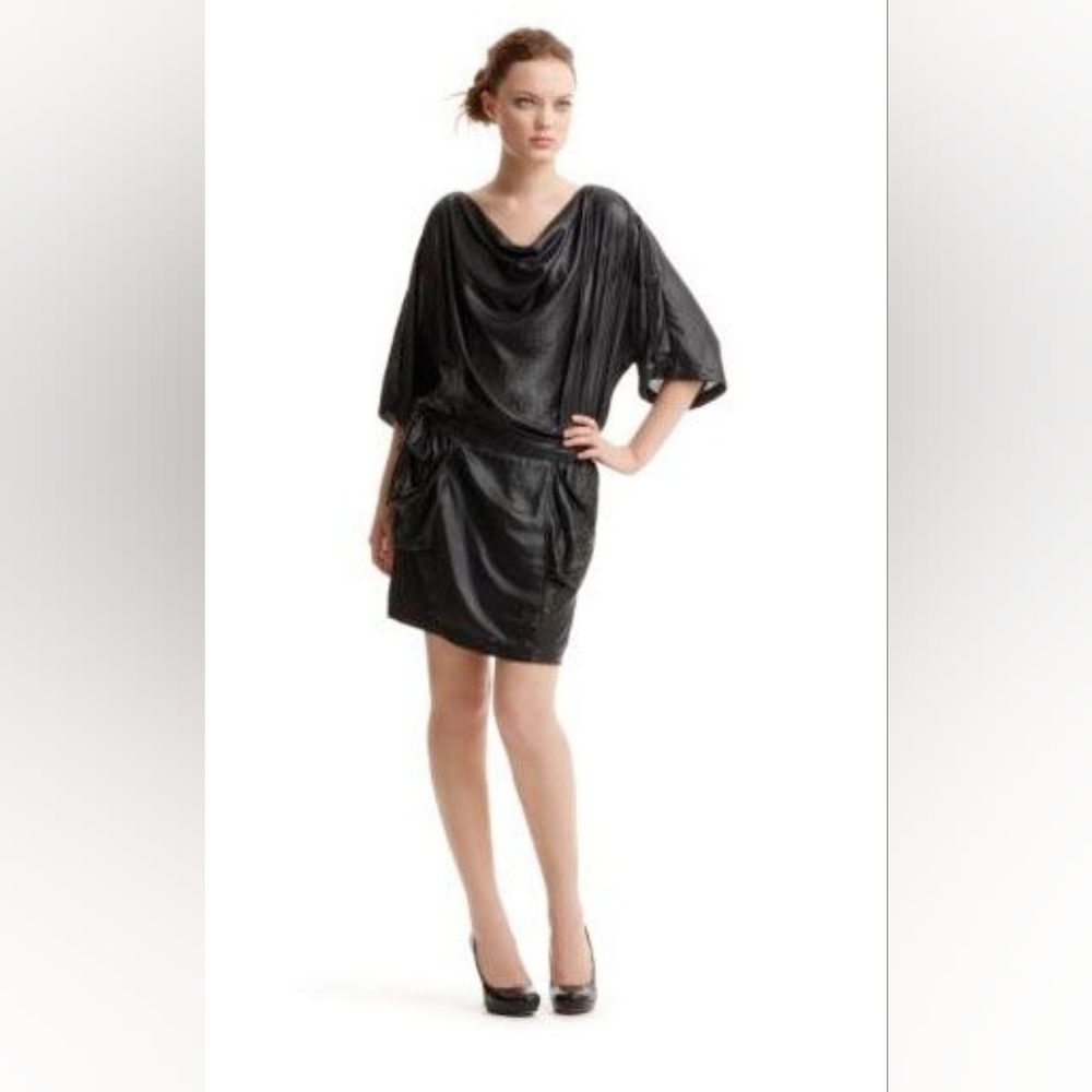 BCBGMAXAZRIA Black Dolman Sleeve Wet Look Cowl Neck Mini Dress Size M